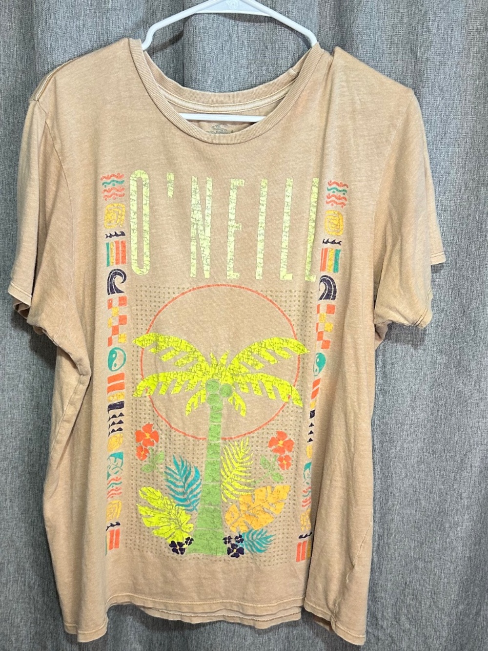 O'Neill Tan Palm Tree Neon Tropical Graphic Tee Beach Surf - Small